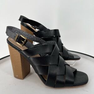 JUST FAB STELLA HEELS IN WOVEN VEGAN LEATHER‎ AND BLOCK HEEL.